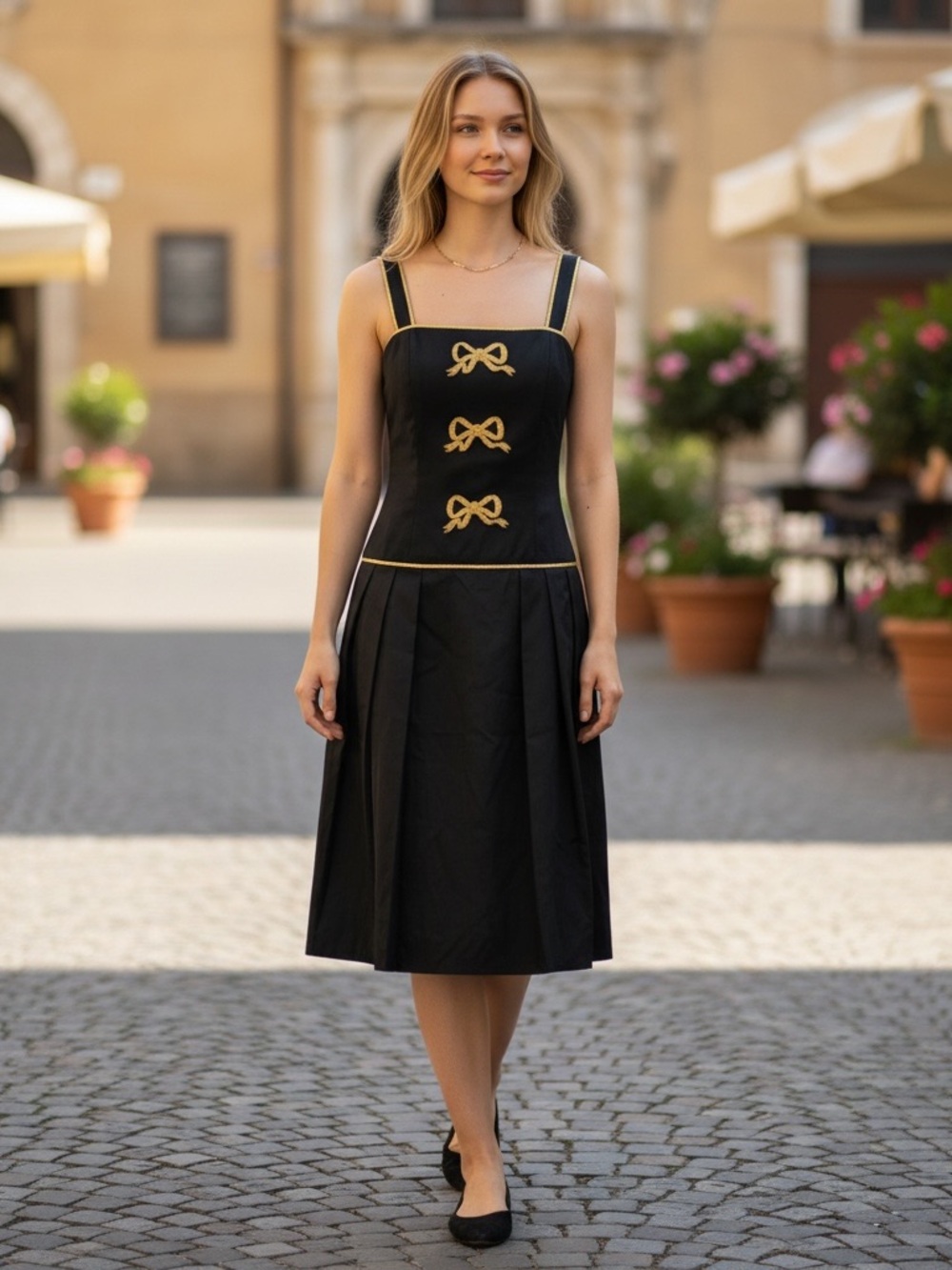 Albert Nipon Isabell Gerhart Vintage 60s Dress Black Gold Bows Sz 4 - Picture 1 of 12